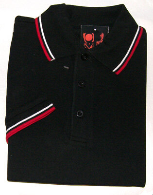 Polo negro rayas rojas y blancas